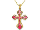 14K Yellow Gold Pink And Purple Stained Glass Cross Pendant Necklace with Chain